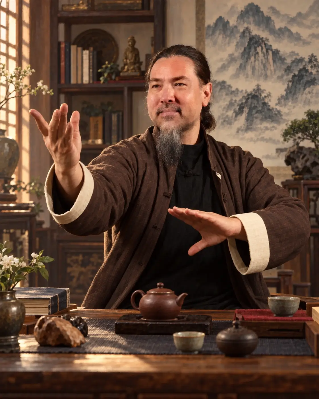 Artistic portrait of David Wei teaching at a traditional tea table