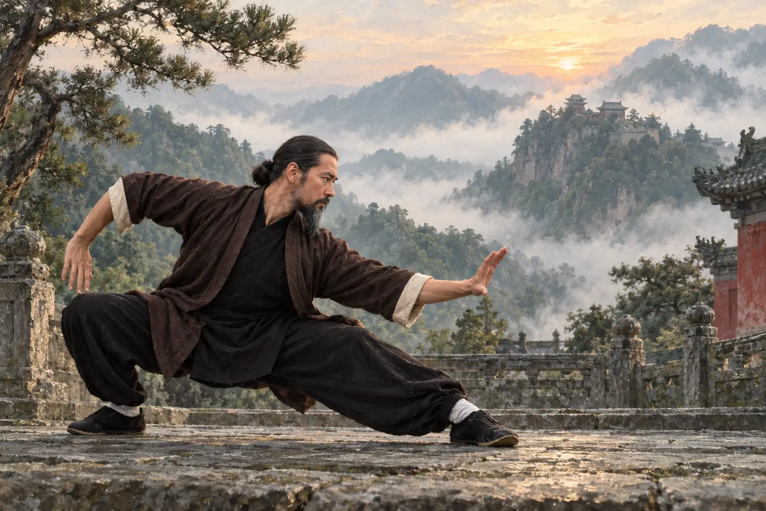 Artistic portrait of David Wei practicing Wudang martial arts in the mountains